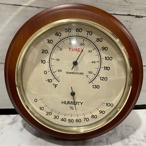 TIMEX 8.25” VINTAGE THERMOMETER & HUMIDITY WOOD GLASS HYGROMETER